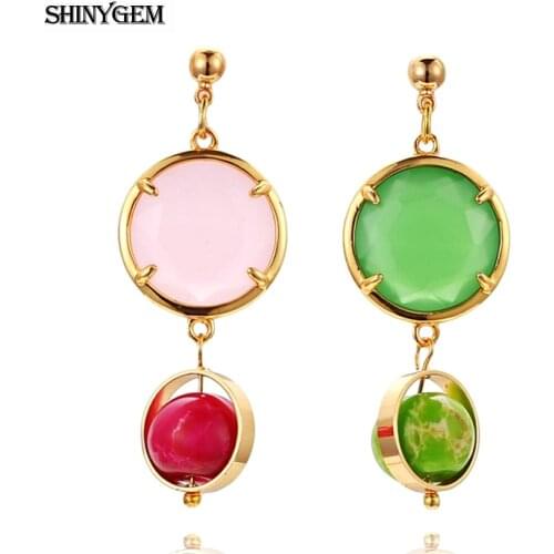 ShinyGem Trendy Natural Crystal Earrings Gold Plating Rhinestone Drop Dangle Collisions Color Pink & Green Earrings For Women