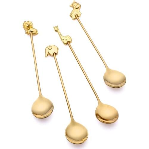 4 Pcs Stainless Steel Dessert Coffee Stir Spoon Tableware Set Gold Silver Color Animal Ice Cream Spoon Home Restaurant Kitchen