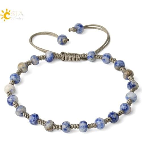 CSJA Natural Stone Braided Bracelets Faceted Round Bead 6mm Crystal Quartz Gray Weaving Rope Women Bracelet Healing Jewelry G453