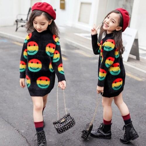 Girls Turtleneck Sweaters Warm Winter Thicken Knit Clothes Cartoon Smile Girls Wool Sweater Long Pullovers Girls Autumn Sweaters