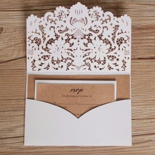 Vintage Pocket Wedding Invitations, White Laser Cut Wedding Invite, Kraft Paper Invitation Cards - set of 50