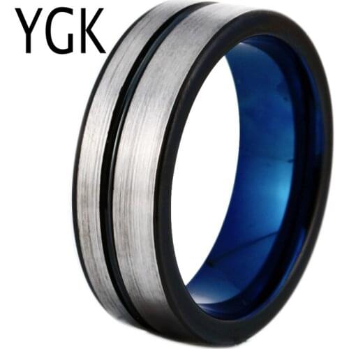 YGK Brand JEWELRY 8MM Silver Brushed Tungsten Carbide Wedding Band With One Black Stripe and Blue Color Inside Gift Ring