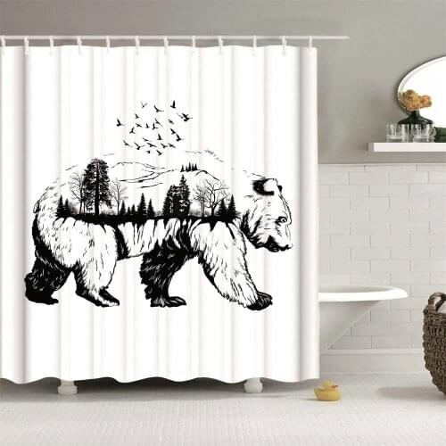 Dafield Silhouette with Forest Landscape Flying Birds Design Fabric Bathroom Shower Curtains Set White Black Bear Shower Curtain