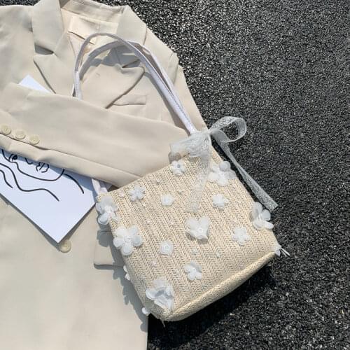 2021 Summer Mori Fairy Style Women 's Woven Bag Large Capacity Versatile Bucket Shopping Bag Flower Embroidery Lace Bag