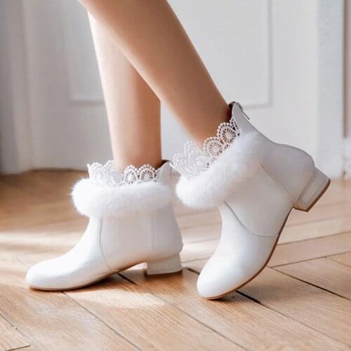 YMECHIC 2018 Fashion Cute Fur Fringe Lace Ruffles White Party Wedding Bridal Shoes Low Chunky Heel Ankle Boots for Women Botines