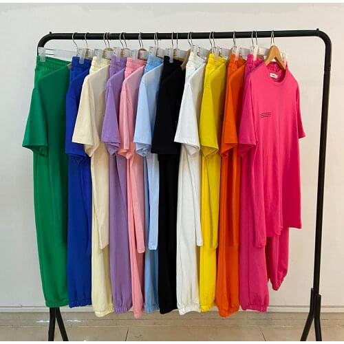 Woman Tshirts Pants Two Piece Set Letter Print Loose O-Neck Short Sleeve Tops Sweatpants Summer New 100% Cotton Casual Tracksuit