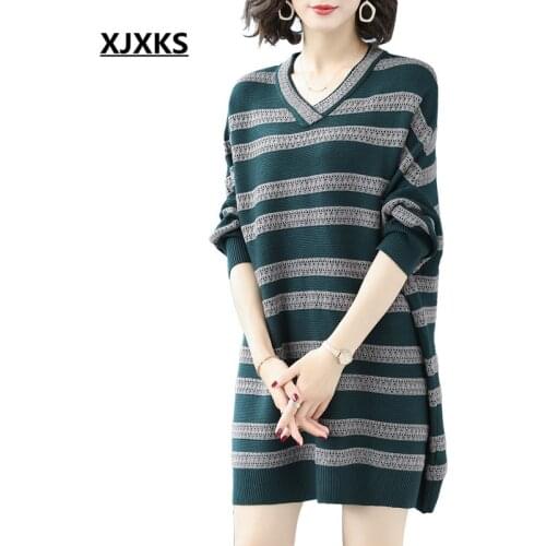 XJXKS Comfortable loose plus size bat sleeve women long sweater 2020 spring new fashion striped women cashmere knitted dress