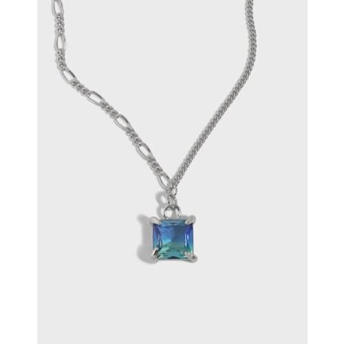 100% 925 Sterling Silver Asymmetric Chain Necklace Women, Elegant Square Blue Color Crystal Pendant Necklace Jewelry On The Neck