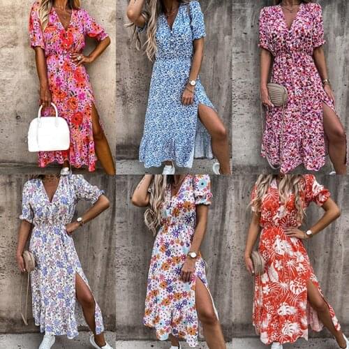 Fashion Print V-Neck Short Sleeve Summer Dress Maxi Bohemia Women Dress Plus Size Loose A-Line Long Casual Vestidos Beach Robe