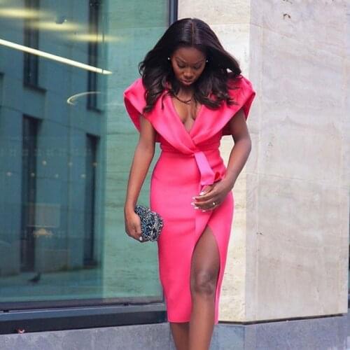 Pink Summer Womens Party Dress Puff Sleeve Deep V Neck Sexy Ruffe Female Side Split Evening Party Dress Plus Size 2021