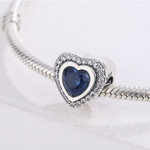 925 Sterling Silver Sparkling Blue Heart Charm Cubic Zirconia Framed Inner Heart-Shaped Blue Crystal Light Bead Charm Bracelet