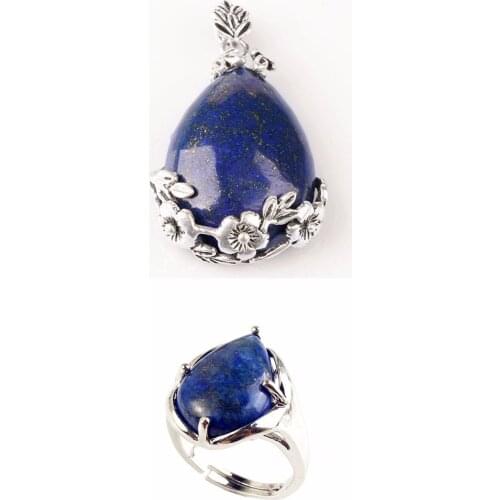 Kraft-beads Trendy Silver Plated Lapis Lazuli with Flower Pendant Water Drop Ring For New Year Jewelry Sets