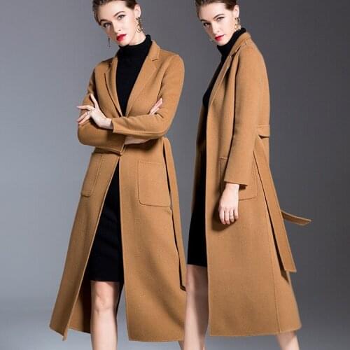 Long woolen blends cashmere coats for women 2019 autumn winter ladies jackets plus size overcoat double sided coffee belt slim