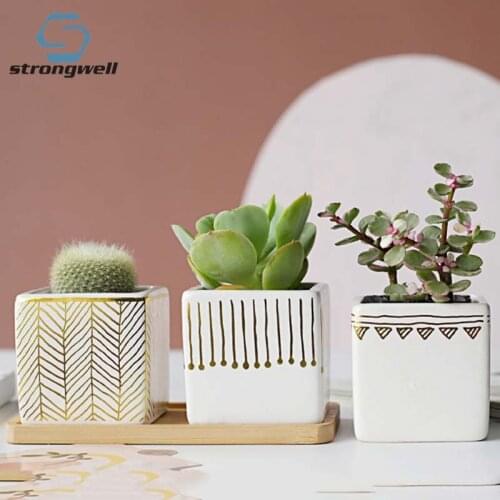 Home Garden Succulent Simplicity Square Ceramic Flower pot Golden Garden Bedroom Pattern Creative Mini Desktop Creative Crafts