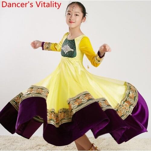 Girls Indian Dance Big Hemline Sparkling Diamond Dress Oriental Belly Dancing Stage Wear Competition Performance Costume