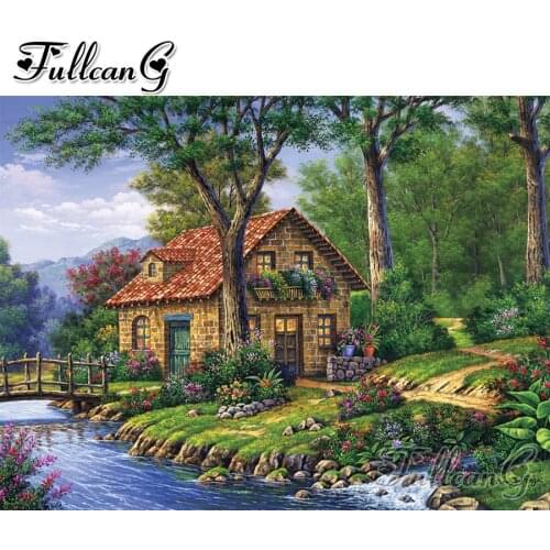 FULLCANG Riverside cottage scenery diy mosaic diamond painting full square round drill rhinestone embroidery sale decor FC2682