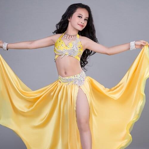 Fashion Rhinestone Satin Sexy Belly dance bra Placketing Skirt 2pcs set for little girl/children costume performance wears RT188