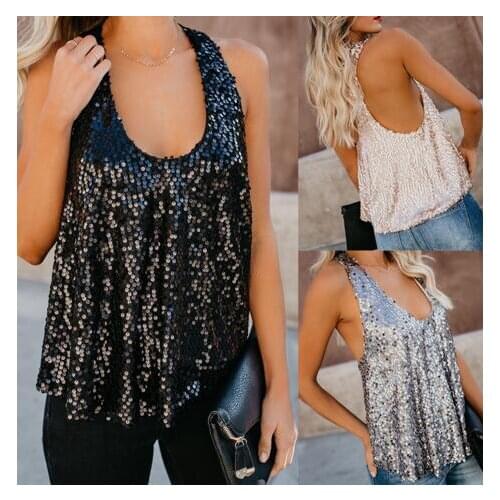 Sequin Tank Top Blouse Womens Camisole Bling Sleeveless Vest Tops Sexy Sequined Halter Tanks Loose Backless
