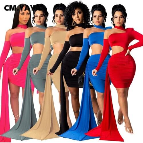 CM.YAYA Mini Dress Women Hollow Out Full Sleeve Sheath Elastic Asymmetrical Collar Solid Dresses Sexy Club Party Dress Summer