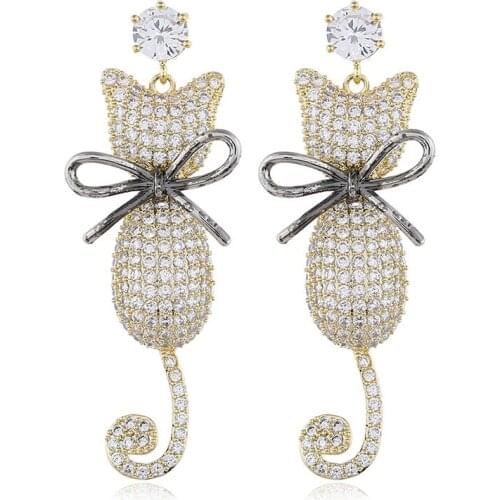 Trendy Cute Cat Earrings Stud Anime Iced Out Bling Charm Jewelry Cubic Zirconia Women EXLS0786