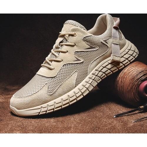 Genuine Leather Mens Shoes Luxury Mesh Men Sneakers Breathable Wear Resistant Men Walking Shoes Lace-Up Outdoor Casual Shoe Men