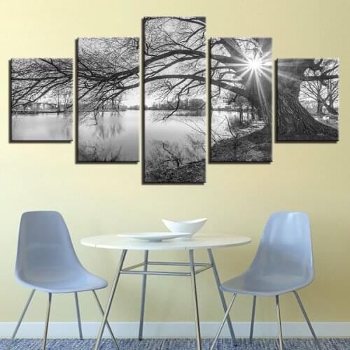Diy 5 Panel Diamond Painting Lakeside Big Trees Full Square Round Drill Diamond Embroidery Mosaic Black White Landscape AA2481