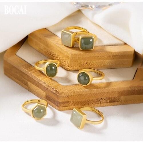 Real S925 silver gold-plated new fashion jewelry High-quality personalized ladies natural jade geometry adjustable women rings