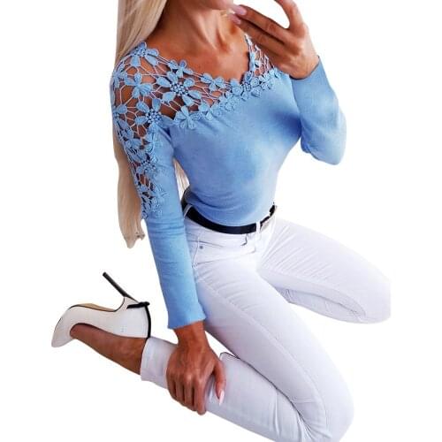 OMSJ Autumn Winter Fashion Womens Long Sleeve T shirt Lady Girl Sexy Elegant Foral Hollow Out Bandage Tops Slim Tees Streetwear