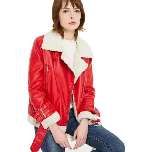Fall Winter Red Sherpa Faux Leather Biker Jacket for Women Cute Girls Black Sherpa Lined PU Leather Motocycle Jacket Coat