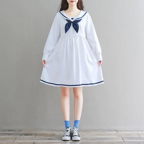 Mori Girl Lolita Teenage Casual Black Dress Japanese Vintage Long Sleeve Sailor Moon Uniform Cute Heart Plus Size Mini Dresses