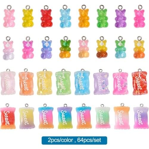 64pcs/set Bear Sugar Resin Pendants Charms with Word Sweet Shape Iron Findings for Jewelry Making DIY Bracelet Earring Handmade