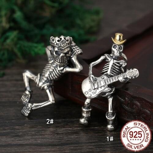 Real 100% 925 Sterling Silver Pendants for Men Cute Soul Guitarist Skull Thai silver Male Mens Cool Pendant Fine Jewelry Gifts