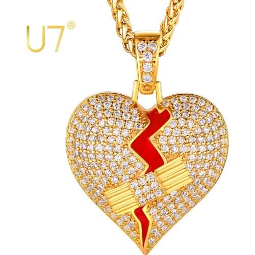 U7 Broken Heart Pendant Necklaces Men Rapper Hip Hop Jewelry Cool Fashion Trend Necklace Bling Iced Out CZ Tennis Chain 22 Inch