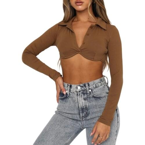 Thorn Tree Solid Color Lapel Button Down T-shirts Top Women Autumn Streetwear Long Sleeve Slim T-shirts Cropped Clubwear 2021