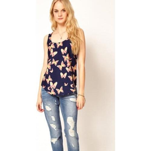 2021 Summer Girls' Womens Butterfly Print Tank Cute Top Vest Chiffon Blouse Sleeveless
