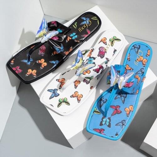 Womens Flat Shoes Slippers Flip Flop Casual Butterfly Beach Crystal Summer Plus Size Print Pleated Comfort Fashion Square Toe