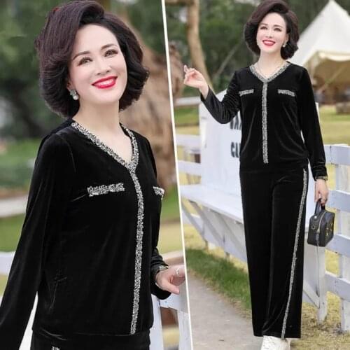 Middle-aged Women Pants Suit 2021 Autumn Large Size Long Sleeve Tops + Trousers 2PCS Female Fashion Elegant Pants Set 5XL H134