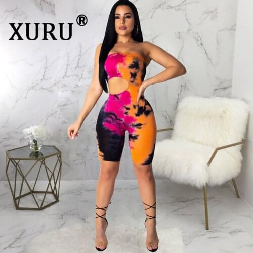 XURU summer new womens sexy tube top jumpsuit word collar print tight bodysuit sexy nightclub hollow jumpsuit