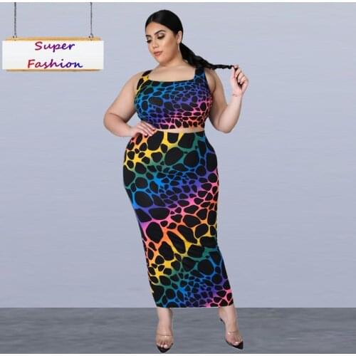 XL-5XL Summer 2021 plus size women clothing two piece set printing sleeveless top and Slit long skirt Wholesale Dropshipping