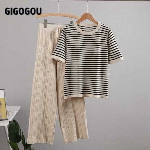 GIGOGOU O Neck Striped Knitted Womens Two Pieces Set Short Sleeve T Shirt Top + High Waist Capri Straight Drape Pants Tracksuits