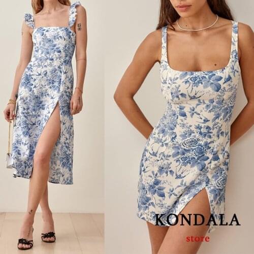 KONDALA Za 2021 Vintage Floral Print Party Dress Ruffles Side Split Sexy Midi Cami Dress Female Stylish Prom Vestidos
