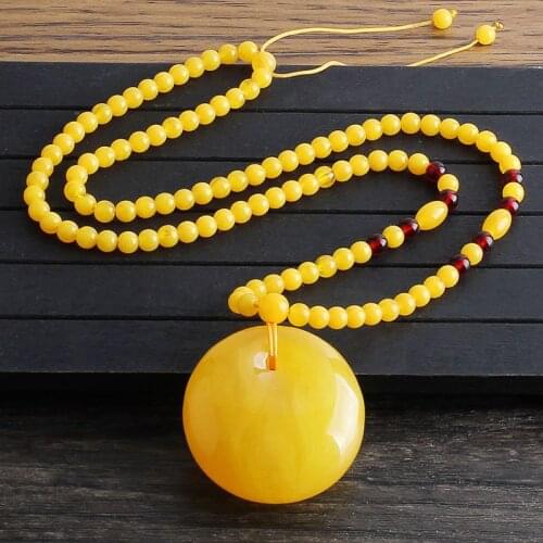 Chicken Oil Yellow Imitation Honey Wax Sweater Chain Long Water Drop Safety Buckle Pendant Necklace Men and Women Retro