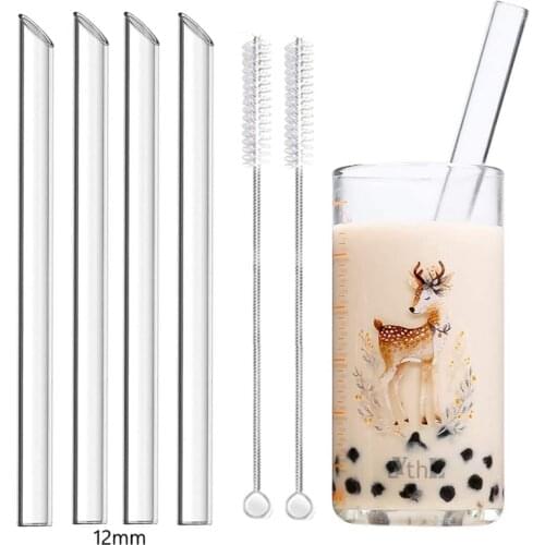 4 Pcs Straight Glass Straws Reusable Clear Straws 12mm Wide Smoothie Straws for Boba Bubble Tea Milkshakes Drinking Straw