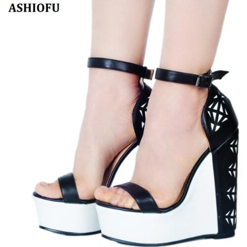ASHIOFU Handmade Womens Wadge Heel Sandals Buckle Ankle Strap Sexy Club Party Prom Shoes Fashion Evening Summer Sandals Shoes