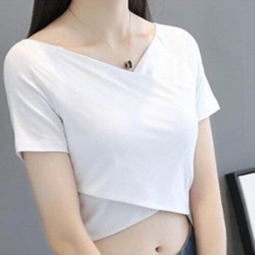 T-shirt Sexy V-neck Cocktail High Waist Womens Short Sleeve Solid Color Top Short Student Slim Base Shirt