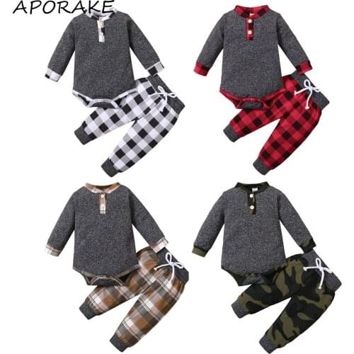 2021 0-18M Infant Baby Boy Casual Clothing Set Button Long Sleeve Romper+Plaid Print Long Pants Spring Fall 2pcs Outfits
