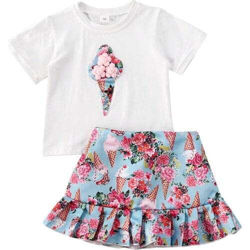 1-5Y Summer Infant Kids Baby Girls Clothes Sets Ice Cream Print Short Sleeve T Shirts Tops+Flowers Skirts