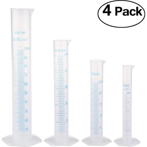 4pcs/Set Transparent Measuring Plastic Graduated Cylinder Lab Measuring Cup Laboratory Tools 10ml / 25ml / 50ml / 100ml
