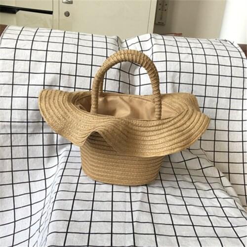 Small Basket Shape Straw Bags For Women 2021 Handmade Summer Fashion Wave Frills Bohemia Knitting Rattan Beach Girls Handbag
