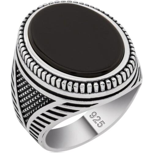 Solid 925 Sterling Silver Oval Black Flat Onyx Stone Mens Ring